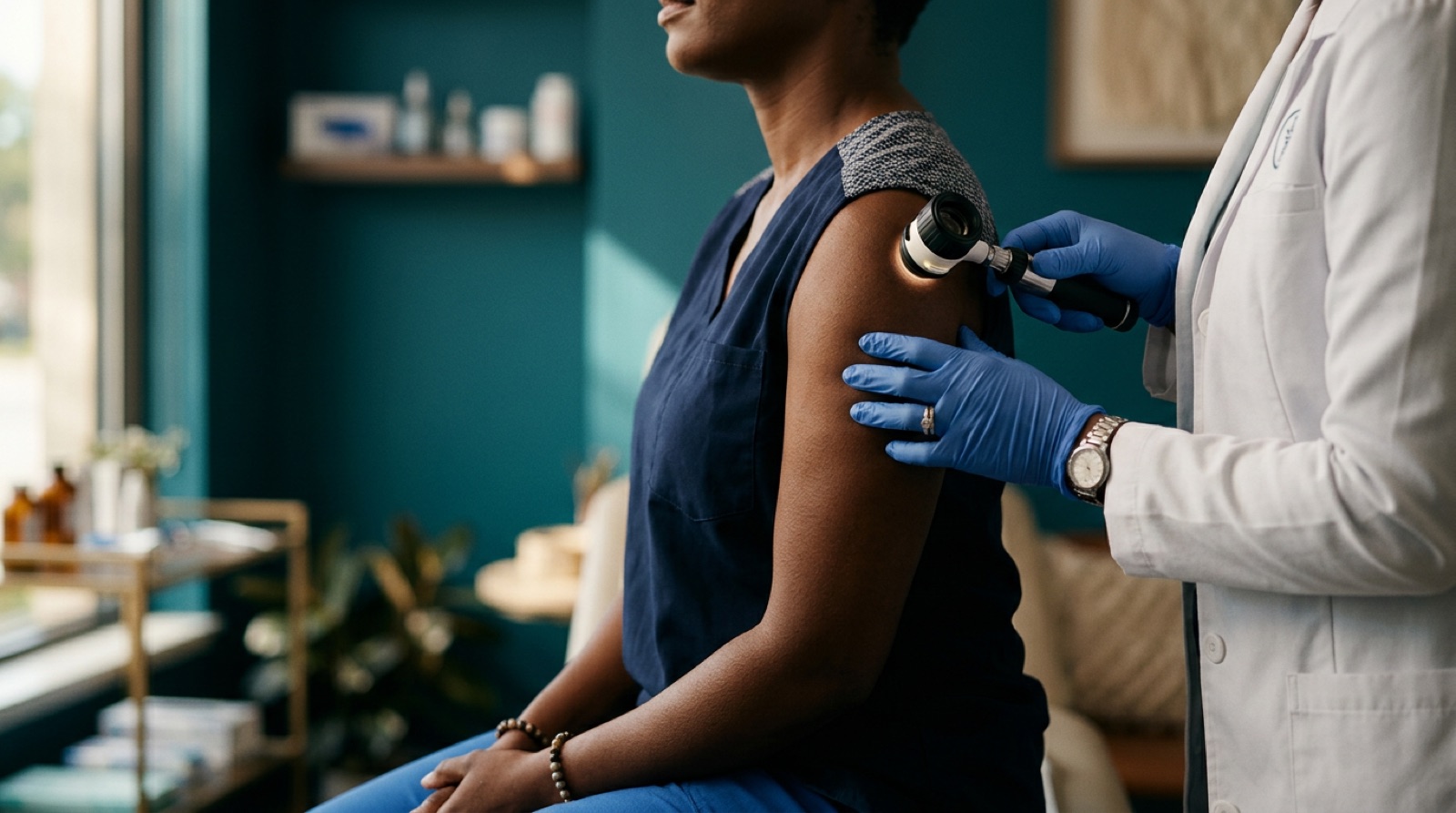 Dermatologist examining a patient's skin with a dermatoscope